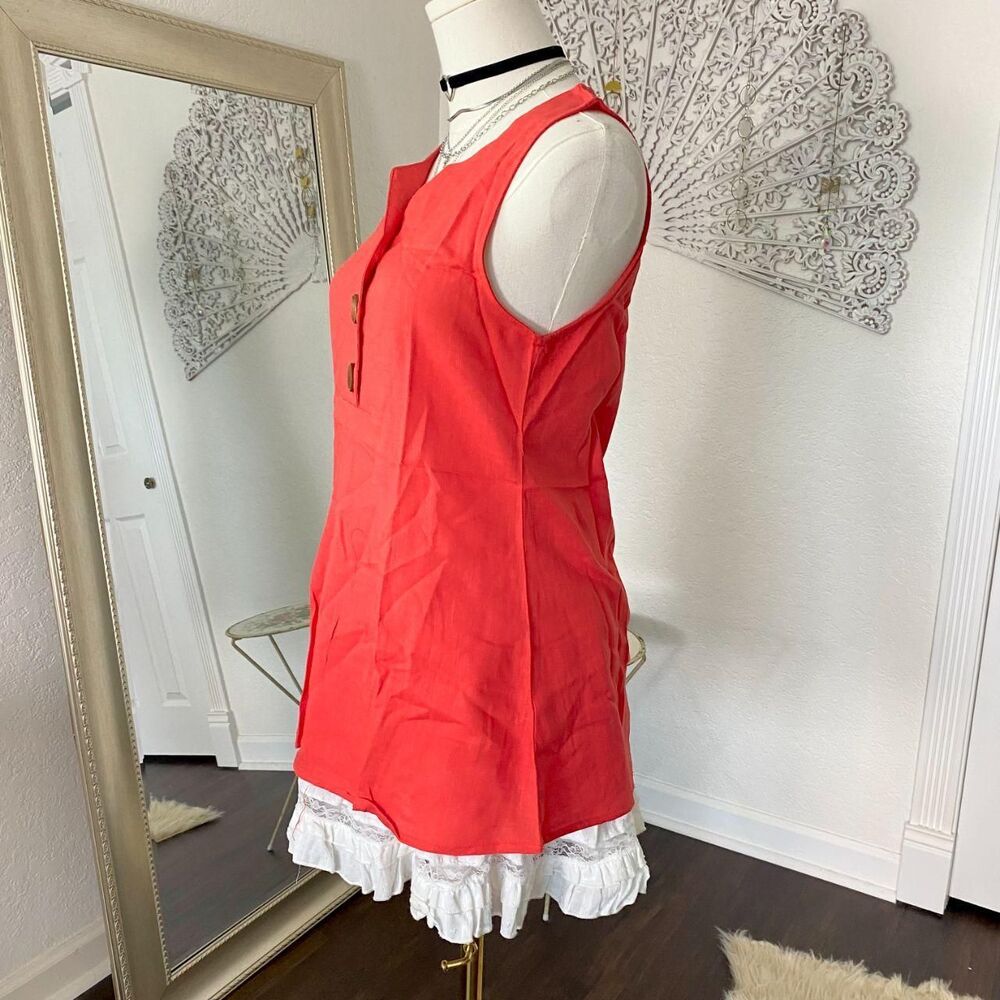 NWOT Coral Red Linen & Cotton Sleeveless Button Up Tank Top Blouse S - Picture 3 of 8
